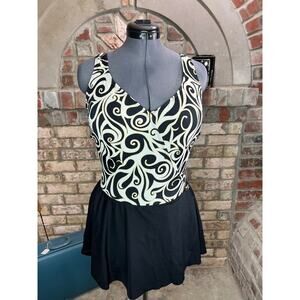 Longitude one piece swimsuit swimdress Vintage swirl black white